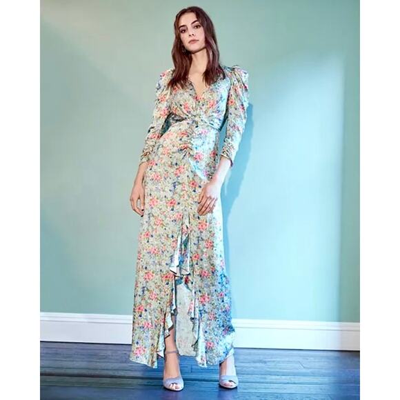 NOTES DU NORD Designer Pink Blue & Green Ruffle Floral Maxi Silk Dress – US 6/8 - Picture 4 of 16